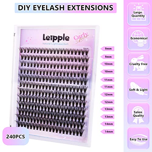 Lash Clusters,240Pcs 9-14mm Mix Individual Lashes Cluster Black Volume Eyelash Clusters Long Individual Lash Extensions D Curl Cluster Lashes DIY