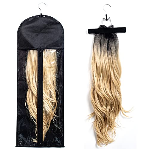 RJMBMUP Hair Extensions Storage Bag with Hanger Hairpieces Storage Holder Wigs Carrier Case for Store Style Hair Black Color
