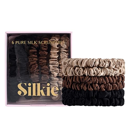 SILKIE x4 Set 100% Pure Mulberry Silk Black Brown Skinny Scrunchies Travel Pouch Everyday Hair Ties Elastics Hair Care Ponytail Holder No Damage