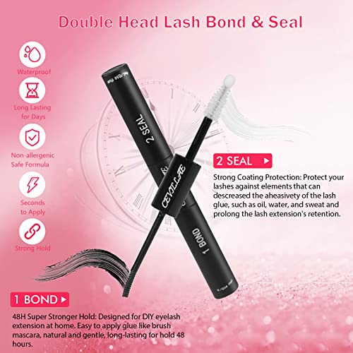 Lash Bond and Seal with Remover, Cevillae Eyelash Glue and Lash Remover for Individual Cluster Lashes Extensions, Waterproof Strong Hold 48Hours