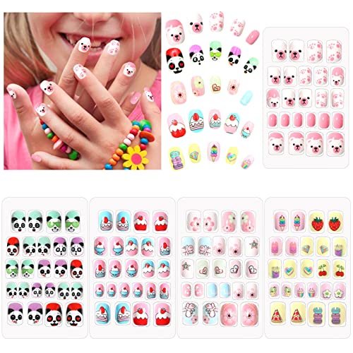 120PCS Kids False Nails,Scettar Kids Press on Nails Kids Stick on Nails Full Cover Kids Nails for Girls Kids Gift DIY Nail Art Decor 4 Boxes (Dif