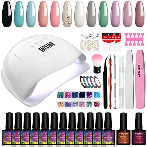 Gel Nail Polish Starter Kit with UV Light 80W LED Nail Lamp, Phoenixy 12 Colors Soak Off Gel Nail Polish Set Base and Glossy Top Coat Manicure To