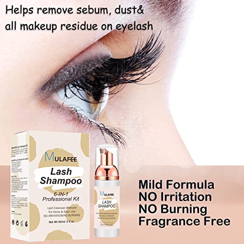 MULAFEE Lash Shampoo for Eyelash Extension, Lash Extension Cleanser, Lash Shampoo Kit 60 ML+Rinse Bottle+Cleansing Brush+Mascara Wand+Reusable Cl
