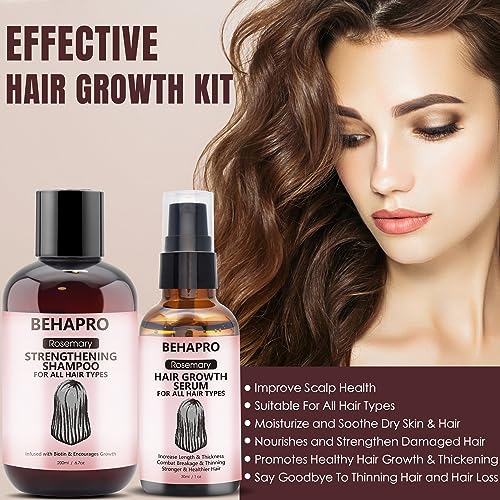 BEHAPRO Rosemary Oil Hair Growth,w/Hair Growth Oil Serum,Hair Growth Shampoo,Rosemary Oil Biotin Castor Oil & Argan Oil Hair Loss Treatment Hair