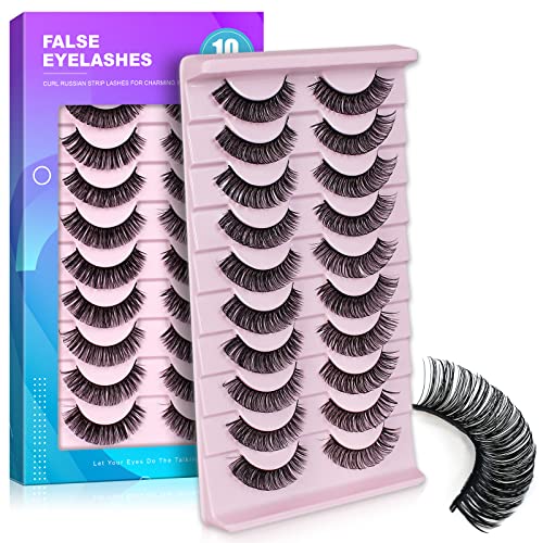 False Eyelashes Russian Volume Strip Lashes,Wispy D Curl Fake Eyelashes,Faux Mink Lashes Natural Look Fluffy Russian Strip Lashes 3D Effect 10 Pa