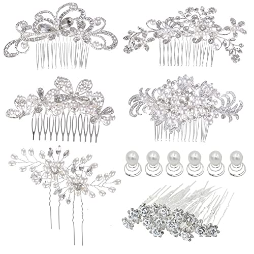 inSowni 32 Pack Silver Wedding Hair Side Combs Slides+U-shaped & Twist Spiral Bridal Hair Pins Headpieces Clips Barrettes Rhinestones Pearls Hair