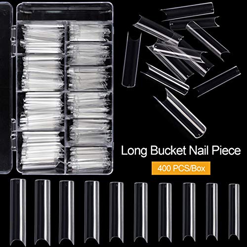 Kalolary Clear Extra Long C Curved False Nail Tips, 400p Extra Long Nail Tips C/U Curve Half Cover False Nails French False Nail Tips with Box