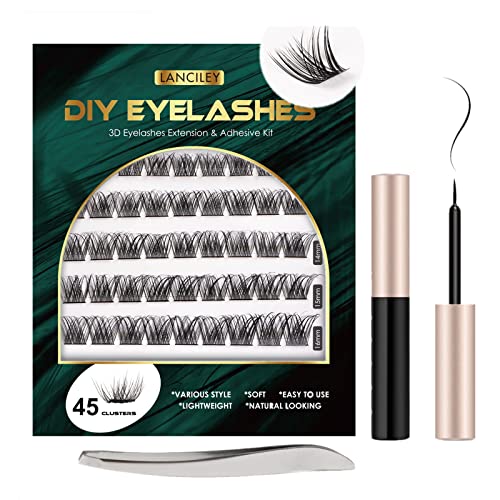 Lanciley Individual Lashes 45 Clusters Lashes CC Curl DIY Eyelash Extension Kit at Home for Make-up Beginner False Eyelashes with Eyelash Glue Tw