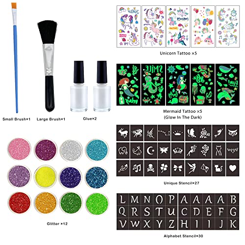 MarckersHome Glitter Tattoos Kit, Temporary Tattoo For Kids, With Unicorn Mermaid Tattoo, 12 Colors Glitter, Unique Stencils, Great Birthday Part