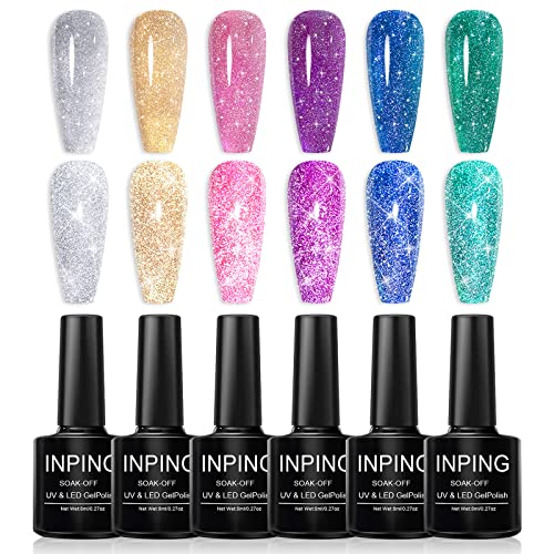 INPING Reflective Glitter Gel Nail Polish, 6 Colours Sparkly Shiny Diamond Flash In Darknight UV Polish, Sliver Gold Purple Blue Pink Green Disco