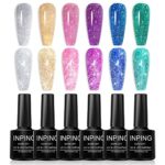 INPING Reflective Glitter Gel Nail Polish, 6 Colours Sparkly Shiny Diamond Flash In Darknight UV Polish, Sliver Gold Purple Blue Pink Green Disco