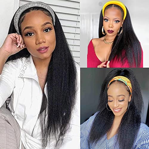 iShine Headband Wigs for Women Long Yaki Straight Headband Wigs for Black Women Afro Kinky Headband Synthetic Wig Glueless Headband Wigs with Bla