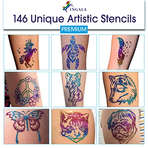 INGALA PREMIUM Stencils Set - 146 Unique Artistic Glitter Tattoo Stencils for Kids, Teens and Adults. Can be used as Henna Tattoo Stencils, Airbr
