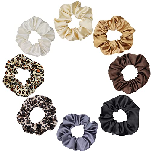 LIHELEI 8PCS Women Hair Scrunchies, Leopard Silk Satin Ponytail Holder, Solid Color Elastic Hair Bands Scrunchy Hair Ties Ropes for Women Girls L