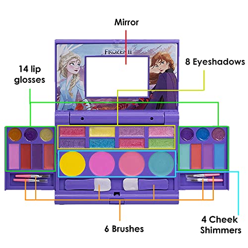 Disney Frozen 2 - Townley Girl Cosmetic Compact Set with Mirror 14 lip glosses, 4 Body Shines, 6 Brushes Colorful Portable Foldable Washable Make