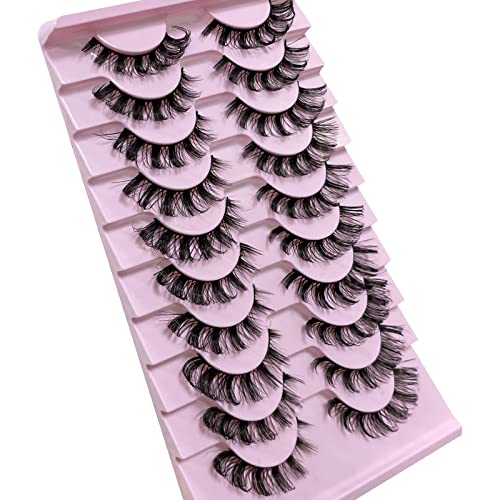 CNMTCCO False Eyelashes 10 Pairs Russian Strip Lashes Natural Fluffy Wispy D Curly Faux Mink Lashes Thick Short Soft Eyes Lash Reusable Fake Eyel