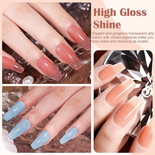 Kredioo Jelly Gel Nail Polish Set, 12Pcs 5ML Jelly Gel Polish Sheer Milky White Pink Nude Blue Purple Yellow Glitter Translucent Gel Polish UV Na