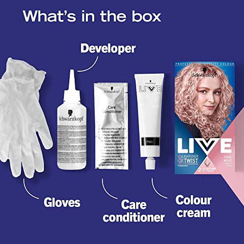 Schwarzkopf LIVE Lightener + Twist Permanent Pink Hair Dye, 2 in 1 Formula, Lightens and Colours Up To 3 Levels, Cool Rose 101