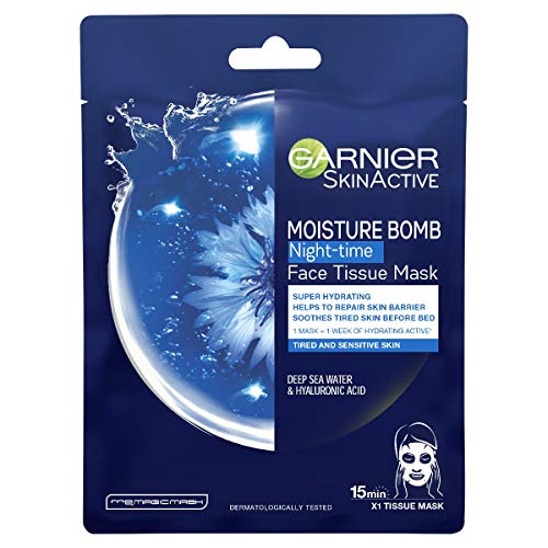 Garnier Moisture Bomb Night Time Deep Sea Water And Hyaluronic Acid Sheet Mask, Hydrating And Replenishing, Biodegradable And Vegan Tissue, Rose,