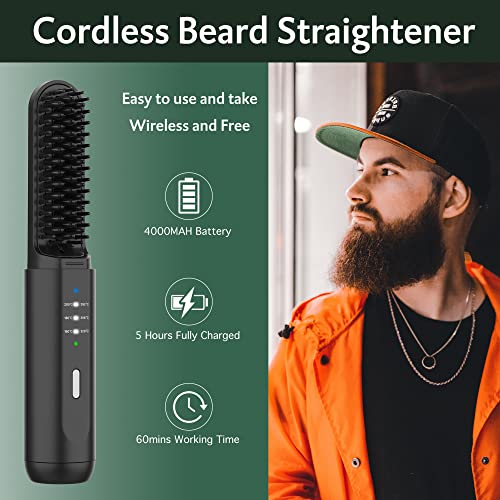 Beard Straightener Brush, REHOYO Cordless Hair Straightening Comb with Different 3 Temperature, Rechargeable Anti-Scald and Auto-Off of Portable
