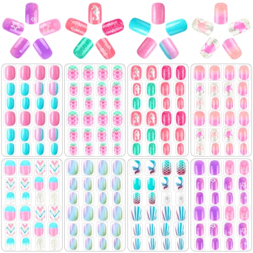 192Pcs Fake Press on Nails for Kids Pre-glue Full Cover Short False Nail Tips Stick on Nails for Kids Children Lovely Gift Girls Nail Art Decorat