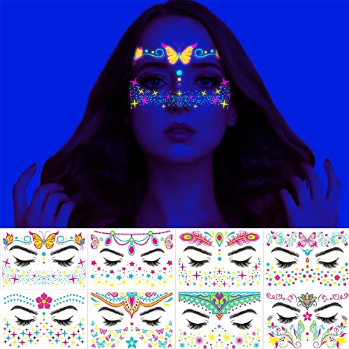 Kelamayi Neon Face Temporary Tattoo,8 Sheet Glow in the Dark UV Neon Face Tattoo Flash Fake Butterflies Waterproof Tattoos Stickers for Festival