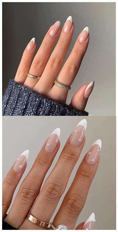 JUSTOTRY 4 Packs (96 Pcs) White and Black Square False Nails Short Pattern,Cheap and Durable French Press on Nails,Swirl Fake Nails Medium with N