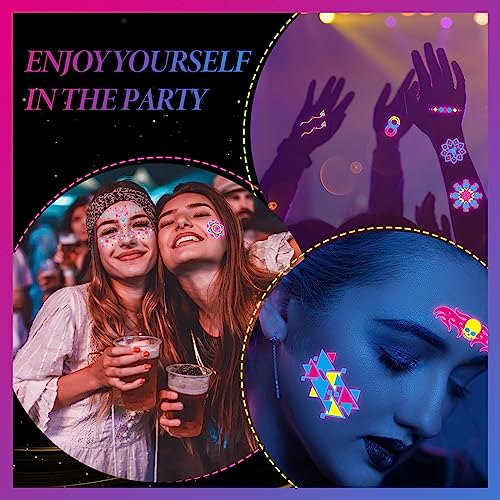 Scettar 15 Sheets Neon Temporary Tattoo, 200+UV Blacklight Neon Glow Fake Tattoos Multiple Designs Glow in the Dark Neon Tattoos Rave Festival Ac