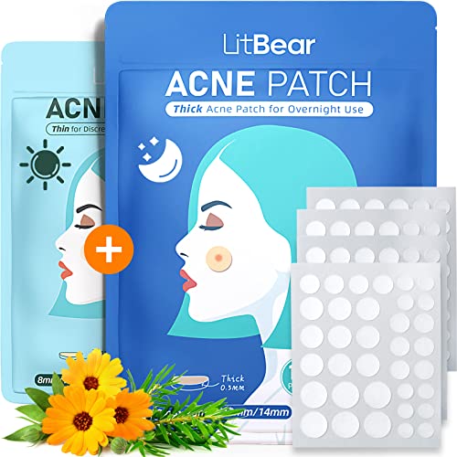 LitBear Acne Pimple Patches- Day and Night 4 Sizes 180 Dots Thin & Thick Hydrocolloid Patches with Witch Hazel, Tea Tree & Calendula Oil, Extra A