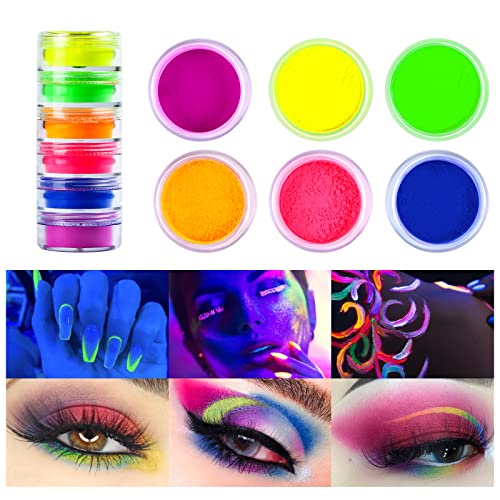Beteligir 6 colors Neon Pigment Eyeshadow Powder, UV Glow Blacklight Mixed Bright True Colors Eye Shadow Pigments for Christmas Face Body Makeup