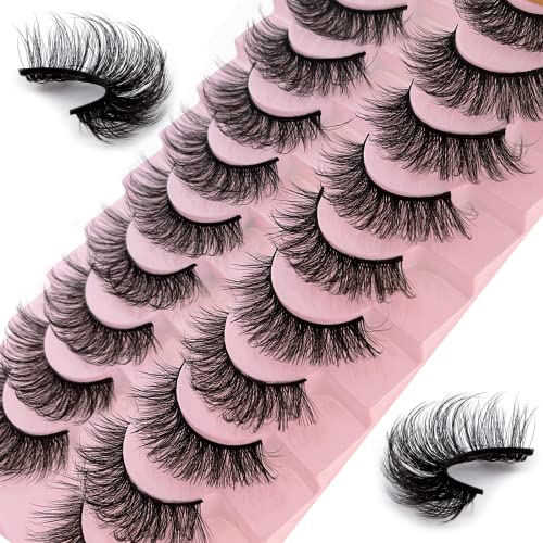 False Eyelashes Russian Strip Lashes 10 Pairs Reusable Natural Look 7D Faux Mink Lashes Fluffy Volume Wispy Fake Eyelashes Handmade Thick Soft Lo