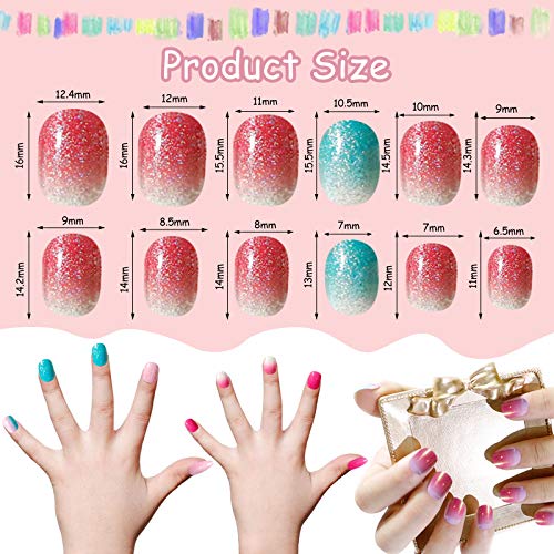 Kalolary 96PCS Kids False Nail, Children Nails Press on Pre-glue Full Cover Gradient Color Short False Nail Kit with 1pcs Nail Glue Sticker, Love