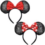 2 Pcs Mouse Ears Hair Bands for Women Girls, Uooker Black Sparkled Sequin Hair Headband with Cute Bow, Fancy Dress for Cosplay Costume Party Deco