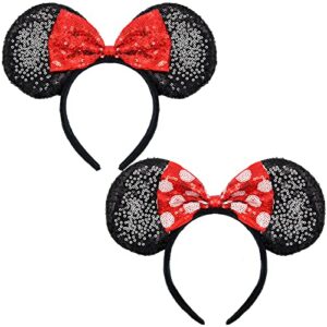 2 Pcs Mouse Ears Hair Bands for Women Girls, Uooker Black Sparkled Sequin Hair Headband with Cute Bow, Fancy Dress for Cosplay Costume Party Deco