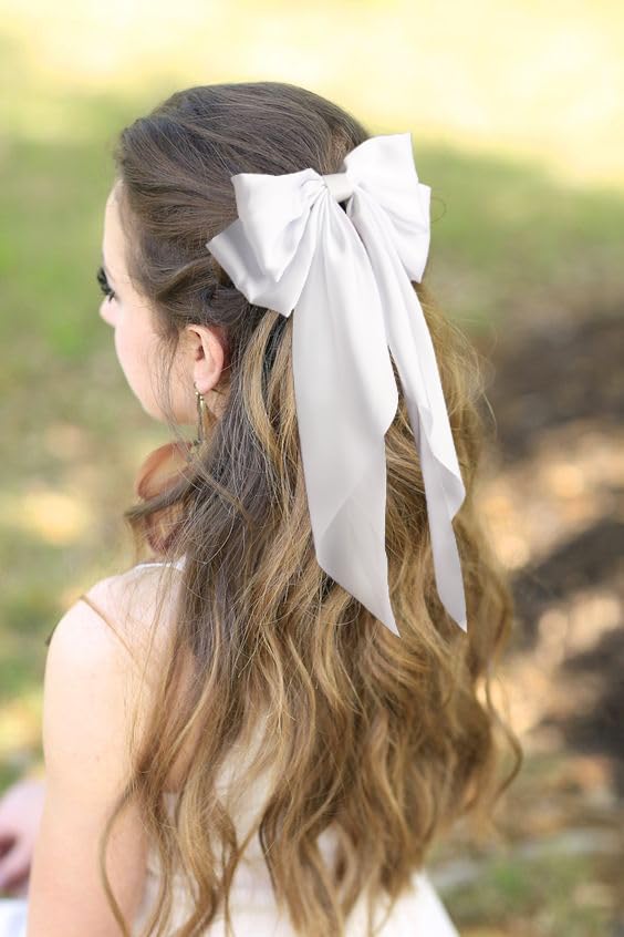 Bow Hair Clips Hair Slides Solid Color Bowknot Hairpin French Barrette with Long Silky Satin Tail Large Bows for Women Girls Hair Barrettes Scrun