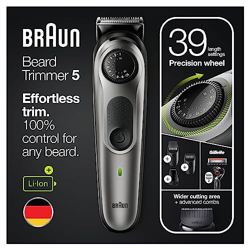 Braun Beard Trimmer Series 5 & Hair Clippers with Gillette Fusion5 ProGlide Razor, 39 Length Settings, UK 2 Pin Plug, BT5260, Black/Silver