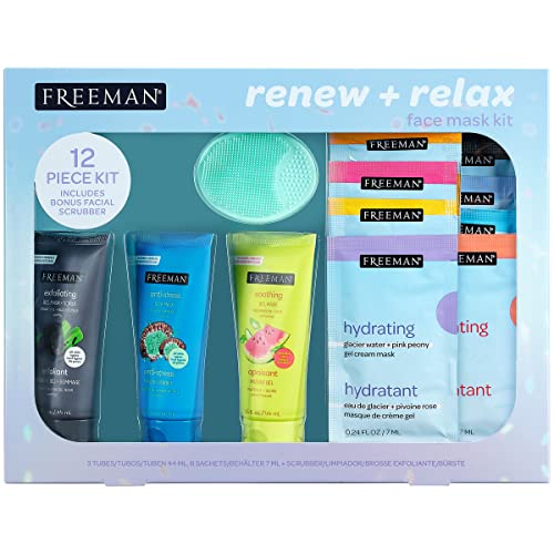 Freeman Limited Edition Renew & Relax Mask Holiday Kit, Face Masks To Soothe, Rejuvenate, and Deep Cleanse Pores, Facial Mask Variety, 12 Piece G