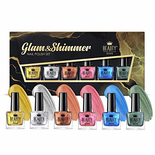Beauty4Britain Glam & Shimmer Nail Polish Set - 6 Stunning Shades for Vibrant, Shiny Nails - Long-Lasting Formula, 10 ml Each