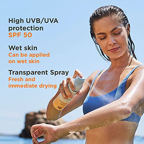 ISDIN Fotoprotector Transparent Spray SPF 50 (250ml) | Wet Skin Sunscreen | Effective on wet skin | instant cooling and drying spray