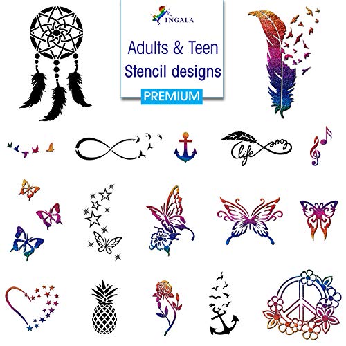 INGALA PREMIUM Stencils Set - 146 Unique Artistic Glitter Tattoo Stencils for Kids, Teens and Adults. Can be used as Henna Tattoo Stencils, Airbr