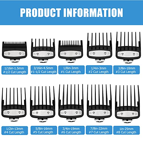 Clipper Guards for Wahl 10 Pcs, Ancable Cordless Clipper Cutting Guards for Wahl 0.5, 1, 1.5, 2, 3, 4, 5, 6, 7, 8 with Metal Clip from 1/16 Inch