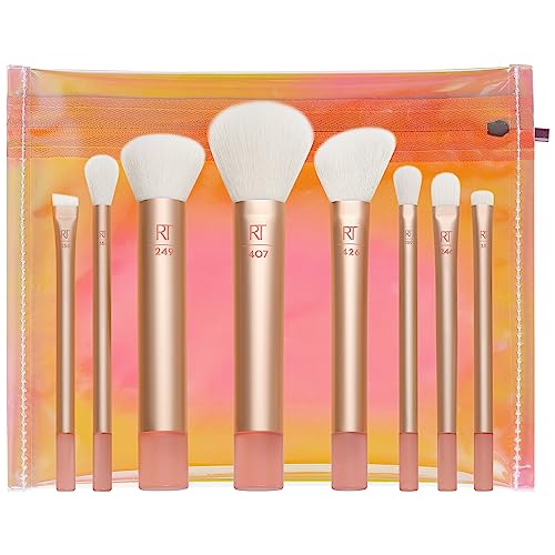 Real Techniques The Wanderer Make up brush kit, Premium and Professional 8 Midi-size Brush Set with Bag, Soft Bristles, For Foundations, Powders,