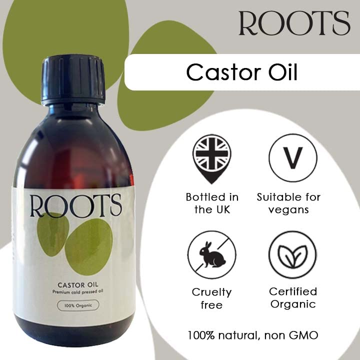 Roots Organic Castor Oil. Suitable for Vegans & Cruelty Free. Full of Essential Fatty acids with Anti-inflammatory Properties. Nourishes Skin and