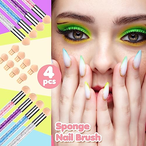 Prasacco 4 Pieces Nail Sponge for Ombre Sponge Nail Brush Gradient Nail Brush Double Head Sponge Nail Art Tool with 16 Pieces Replacement Head Na