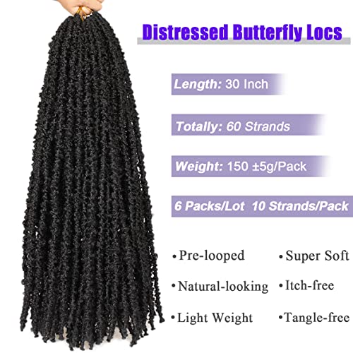 Leeven 30 Inch Distressed Faux Locs 6 Packs Long Butterfly Faux Locs Crochet Hair Synthetic Crochet Braids Pre-looped Soft Locs Crochet Locs Hair