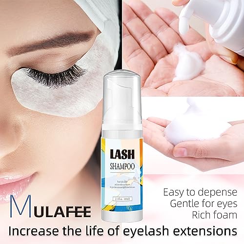 MULAFEE Eyelash Extension Cleanser, Lash Extension Shampoo Kit, Oils, Paraben & Sulfate Free Foaming 60 ML Eyelash Shampoo with Rinse Bottle and