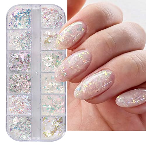 Holographic Nail Art Glitter Iridescent Flakes Nail Foil 12 Grids Mermaid Bright Colorful Star Gradient Ice Slag Nail Sequins Paillettes Summer N