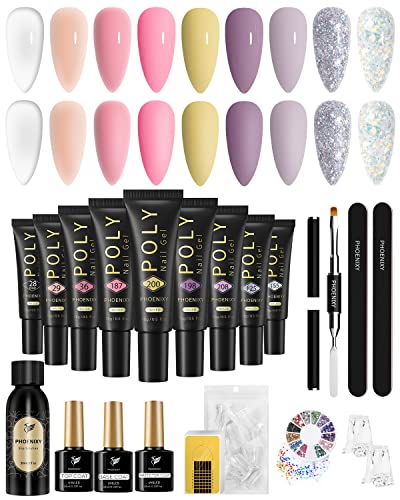 Poly Nail Gel Kit, Phoenixy 9 Colors Nail Builder Extension Gel Kit, with Slip Solution Glossy Matte Base Top Coat Exquisite Tools, Complete Nail