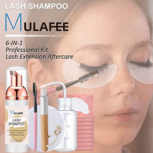 MULAFEE Lash Shampoo for Eyelash Extension, Lash Extension Cleanser, Lash Shampoo Kit 60 ML+Rinse Bottle+Cleansing Brush+Mascara Wand+Reusable Cl