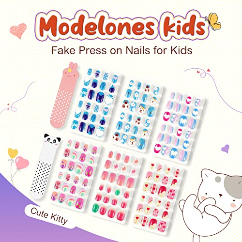 Children Press On False Nails, 144 Pcs 6 Pack Children Acrylic Fake Nails Press on Pre-glue Full-Cover False Nail Art Kits with 2 Nail Files for